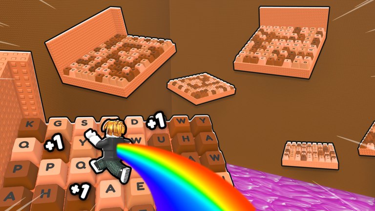 A Roblox avatar sprinting across giant chocolate keyboard keys with a rainbow trail in Keyboard Slide 1 Speed